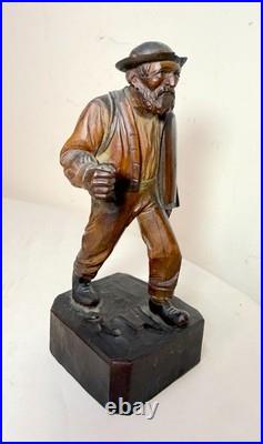 Finely carved antique 19th century German man hobo bum wood sculpture statue