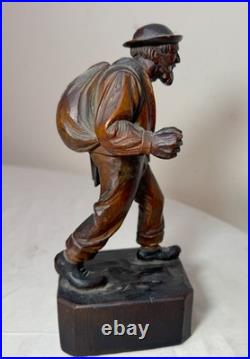 Finely carved antique 19th century German man hobo bum wood sculpture statue