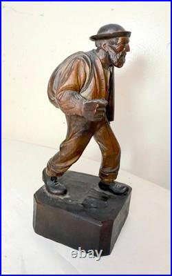 Finely carved antique 19th century German man hobo bum wood sculpture statue