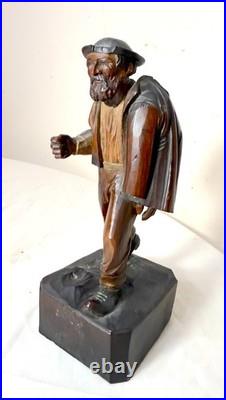 Finely carved antique 19th century German man hobo bum wood sculpture statue