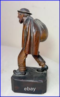 Finely carved antique 19th century German man hobo bum wood sculpture statue