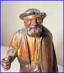 Finely carved antique 19th century German man hobo bum wood sculpture statue