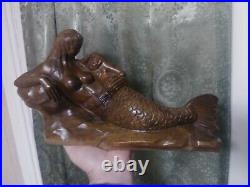 Folk Art Primitive Sculpture Mermaid & Baby Vintage Wood Carving Surreal Art WOW