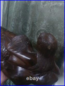Folk Art Primitive Sculpture Mermaid & Baby Vintage Wood Carving Surreal Art WOW