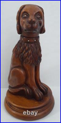 Folk Art Wooden Dog Sculpture Hand Carved Vintage 18.5 in tall on Round Pedestal