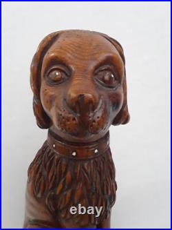 Folk Art Wooden Dog Sculpture Hand Carved Vintage 18.5 in tall on Round Pedestal
