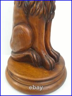 Folk Art Wooden Dog Sculpture Hand Carved Vintage 18.5 in tall on Round Pedestal