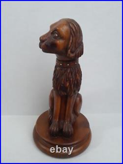 Folk Art Wooden Dog Sculpture Hand Carved Vintage 18.5 in tall on Round Pedestal