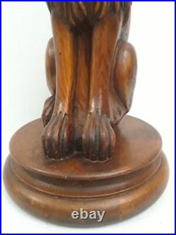 Folk Art Wooden Dog Sculpture Hand Carved Vintage 18.5 in tall on Round Pedestal