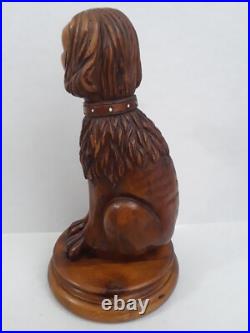 Folk Art Wooden Dog Sculpture Hand Carved Vintage 18.5 in tall on Round Pedestal