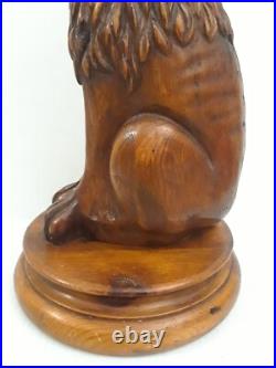 Folk Art Wooden Dog Sculpture Hand Carved Vintage 18.5 in tall on Round Pedestal