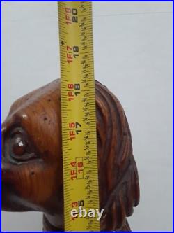 Folk Art Wooden Dog Sculpture Hand Carved Vintage 18.5 in tall on Round Pedestal
