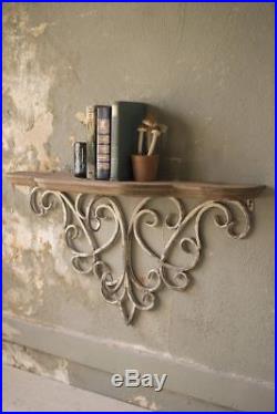French Country Scroll Wall Shelf Metal & Wood Vintage Distressed Filigree