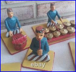 Full Set Of 17 Wooden Hand Carved Musicians Mid-century Rare Vintage Folk Art