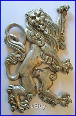 Giant Hollywood Regency Lion Wood Silver Paint Vintage Sculpture Wall Hanging