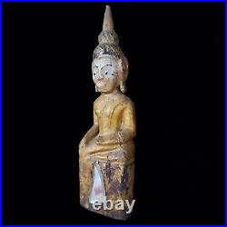 Gold Gilded Buddha Wood Sculpture Vintage Seated Gautama Statue Laotian Fine Art