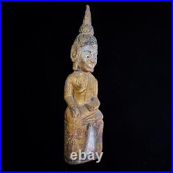 Gold Gilded Buddha Wood Sculpture Vintage Seated Gautama Statue Laotian Fine Art