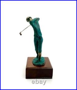 Golfer Statue Small Vintage Metal Figurine on Wooden Base for Home Decor