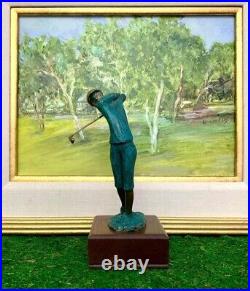 Golfer Statue Small Vintage Metal Figurine on Wooden Base for Home Decor