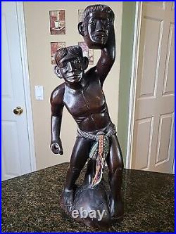 HEAD HUNTER TRIBAL WARRIOR Carved Hardwood Statue Art Figure 18-1/2 Vintage EUC