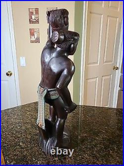 HEAD HUNTER TRIBAL WARRIOR Carved Hardwood Statue Art Figure 18-1/2 Vintage EUC