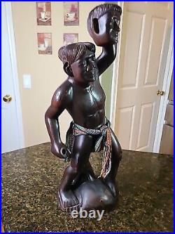 HEAD HUNTER TRIBAL WARRIOR Carved Hardwood Statue Art Figure 18-1/2 Vintage EUC