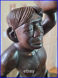 HEAD HUNTER TRIBAL WARRIOR Carved Hardwood Statue Art Figure 18-1/2 Vintage EUC