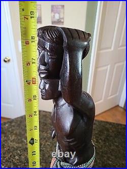 HEAD HUNTER TRIBAL WARRIOR Carved Hardwood Statue Art Figure 18-1/2 Vintage EUC