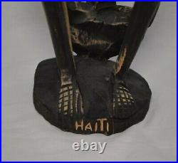 Haitian VooDoo Handcarved Wood Vintage Sculpture Stands 16 Tall Covering Ears