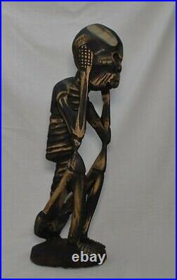Haitian VooDoo Handcarved Wood Vintage Sculpture Stands 16 Tall Covering Ears