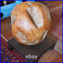 Hand Carved Large Round Wood Sculpture Vintage Unique Art with Base