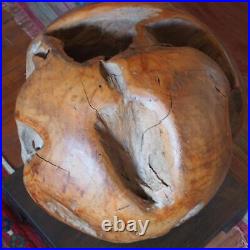 Hand Carved Large Round Wood Sculpture Vintage Unique Art with Base