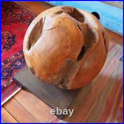 Hand Carved Large Round Wood Sculpture Vintage Unique Art with Base