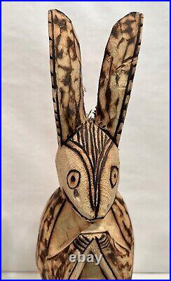 Hand Carved Wood Bunny Rabbit Hare Sculpture Rustic Vintage Folk Art 13.5 Tall