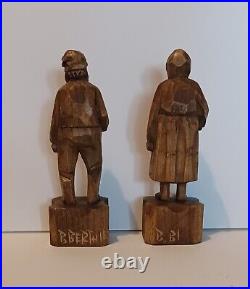 Hand Carved Wood Figures of Old Couple Signed Folk Art by Berthier Beauregard