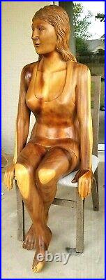 Hand Carved Wood Woman Sculpture LIFE SIZE Vintage Statue Sitting Female Figure