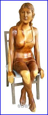 Hand Carved Wood Woman Sculpture LIFE SIZE Vintage Statue Sitting Female Figure