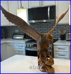 Hand-Carved Wooden Eagle Statue Folk Art Sculpture 17 Tall Carving Vintage