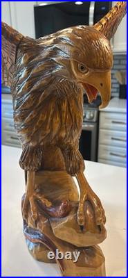 Hand-Carved Wooden Eagle Statue Folk Art Sculpture 17 Tall Carving Vintage