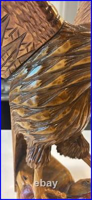 Hand-Carved Wooden Eagle Statue Folk Art Sculpture 17 Tall Carving Vintage