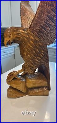 Hand-Carved Wooden Eagle Statue Folk Art Sculpture 17 Tall Carving Vintage