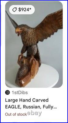 Hand-Carved Wooden Eagle Statue Folk Art Sculpture 17 Tall Carving Vintage