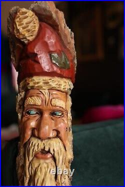 Hand Carved painted Vintage Folk art Santa Tree Spirit 18 Tall Signed VB