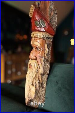 Hand Carved painted Vintage Folk art Santa Tree Spirit 18 Tall Signed VB