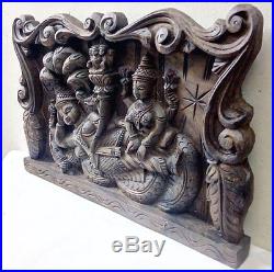 Handcarved Hindu God Vishnu Temple Wall Panel Wooden Vintage Sculpture Statue US