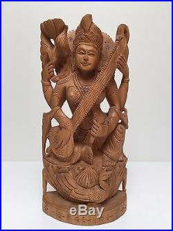 Handmade Vintage Wooden Indian Hindu Goddess Saraswati Statue Sculpture 30 cm
