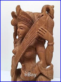Handmade Vintage Wooden Indian Hindu Goddess Saraswati Statue Sculpture 30 cm