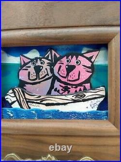 Heusso Limited Edition 16/25 3D Wood Art Cat Fishin Signed 1999 Original Vtg