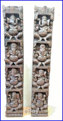 Hindu Ganesha Wall Vertical Panel Vintage Sculpture Ganesh Wooden Home Art US