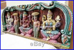 Hindu God Ganesh Lakshmi Saraswathi Wooden Vintage Wall Panel Statue Sculpture